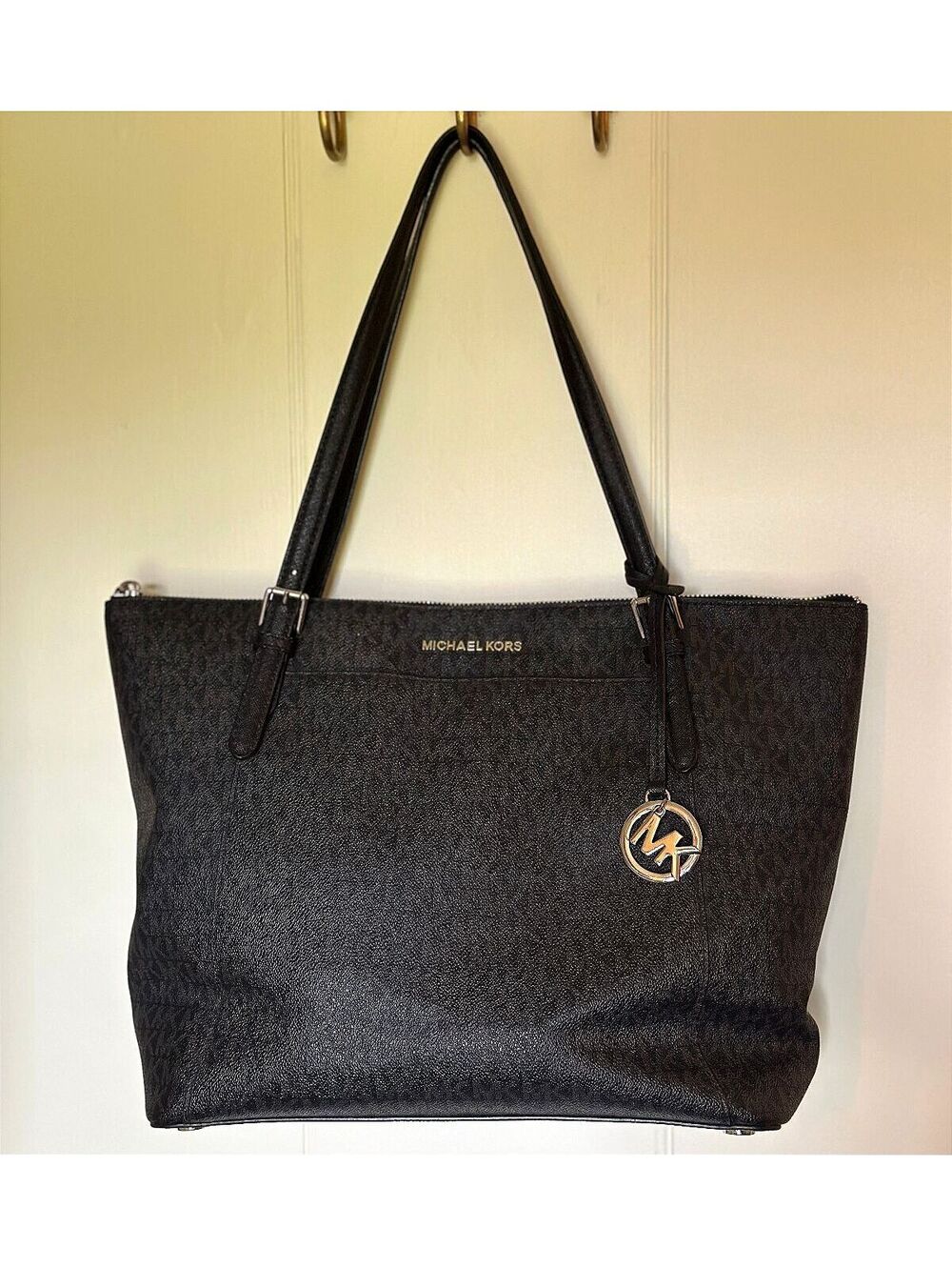Michael Kors Black Signature Ciara Large Top Zip Tote Bag MK Monogram